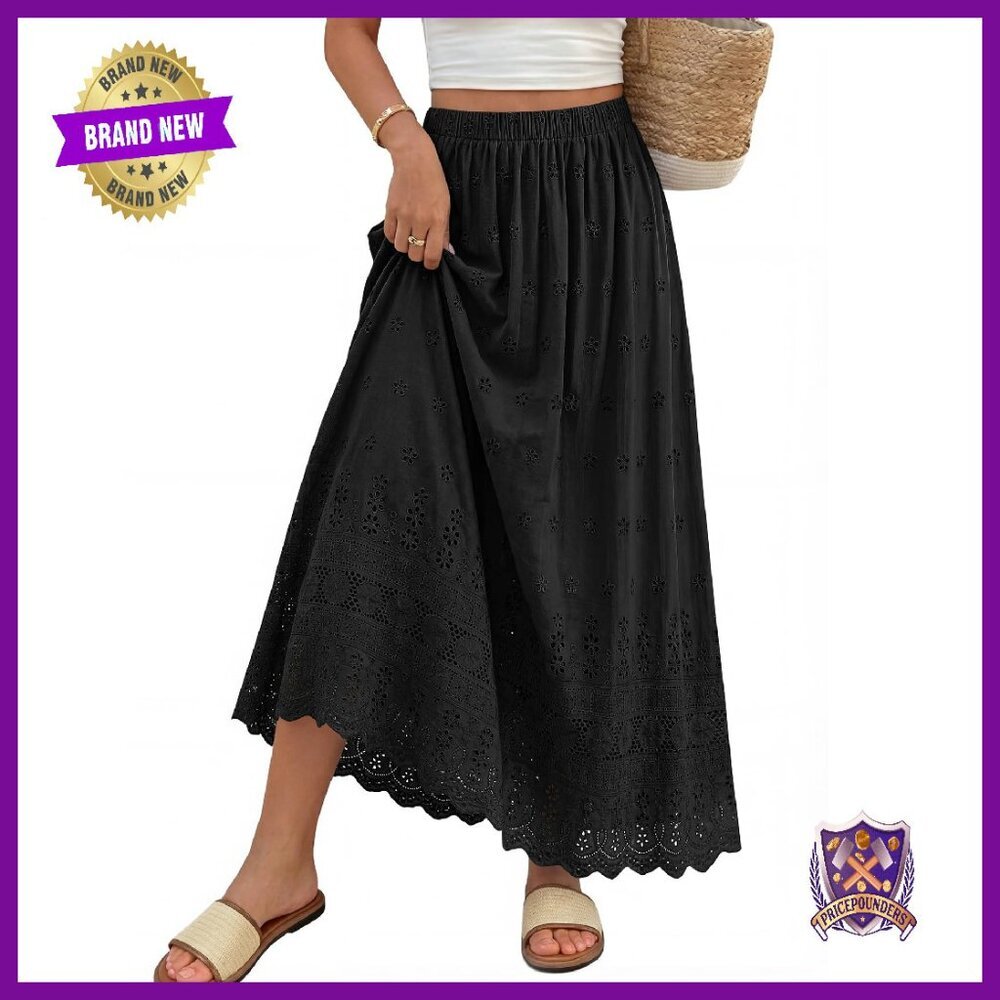 Summer Maxi Skirt Elastic High Waist Boho Eyelet A-Line Cotton Flowy
